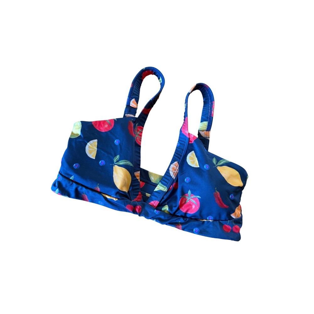 Kitty and Vibe fruit print bikini top in navy‎ blue